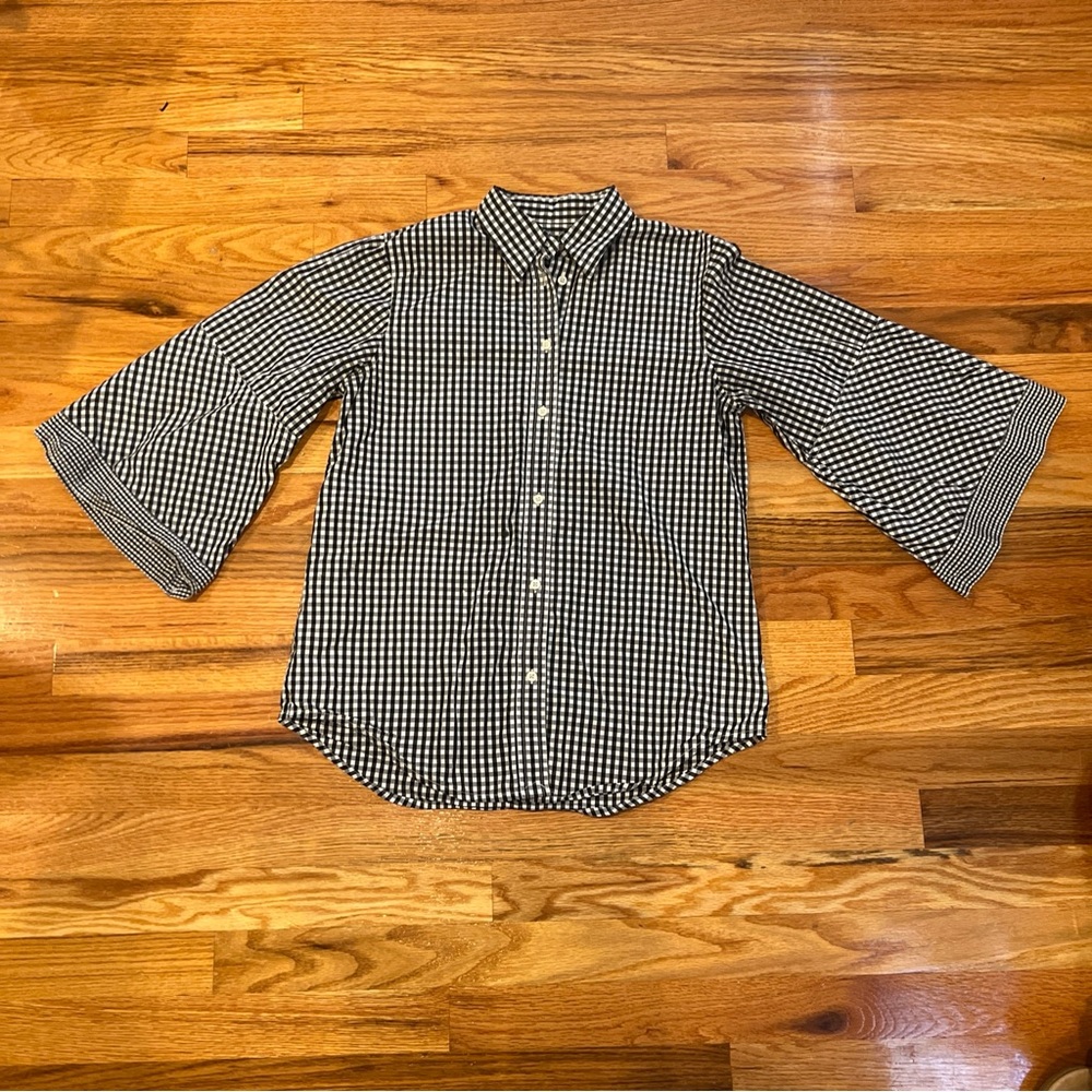 RALPH LAUREN Black White Gingham Cotton Bell Sleeve Shirt Top S Glue Stain